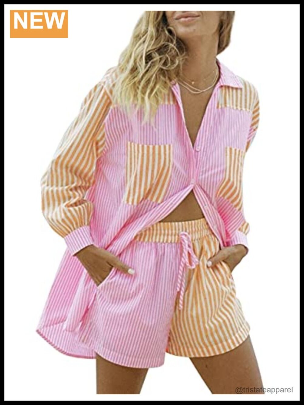 Safrisior Women's Stripe Button Down Long Sleeve Shirt & High Waisted Shorts 2